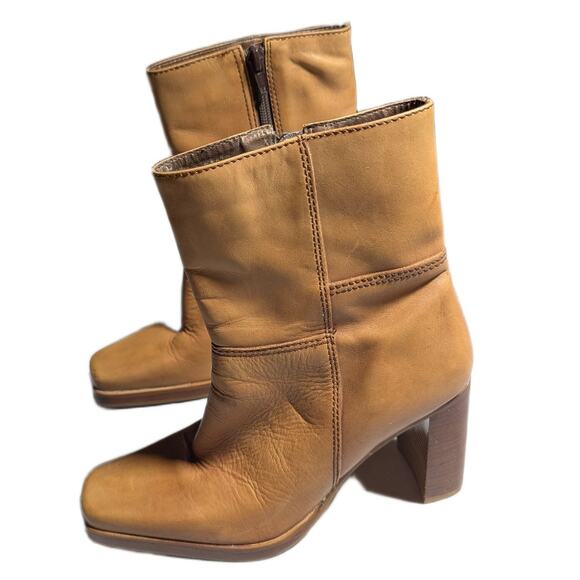 Vtg Y2K Candie's Camel Tan Leather Midi Square Toe Block Heel Ankle Boots Sz 7 - Picture 6 of 6